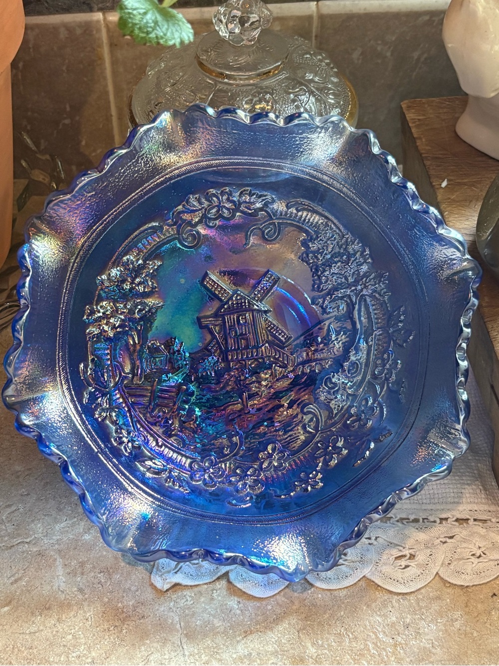 Vintage L.E Smith Carnival Glass Windmill Iridescent Blue Ruffled Glass Bowl 8”
